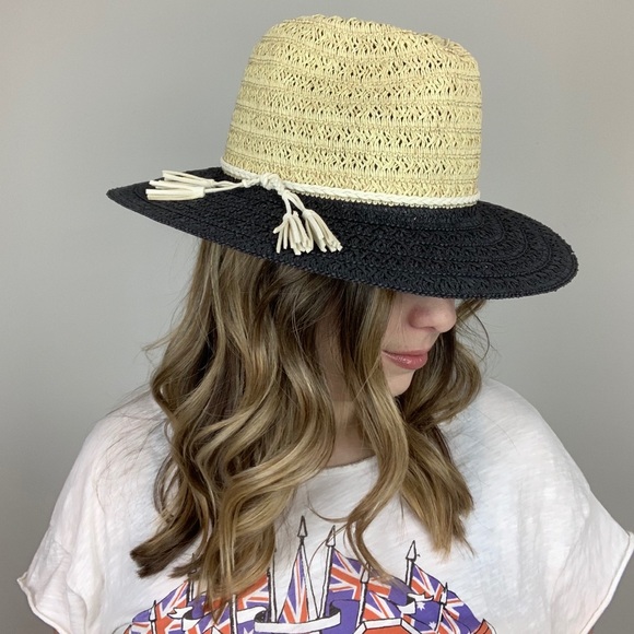 Night Train Straw Hat Tan Black Boho Wide Brim - Picture 2 of 8